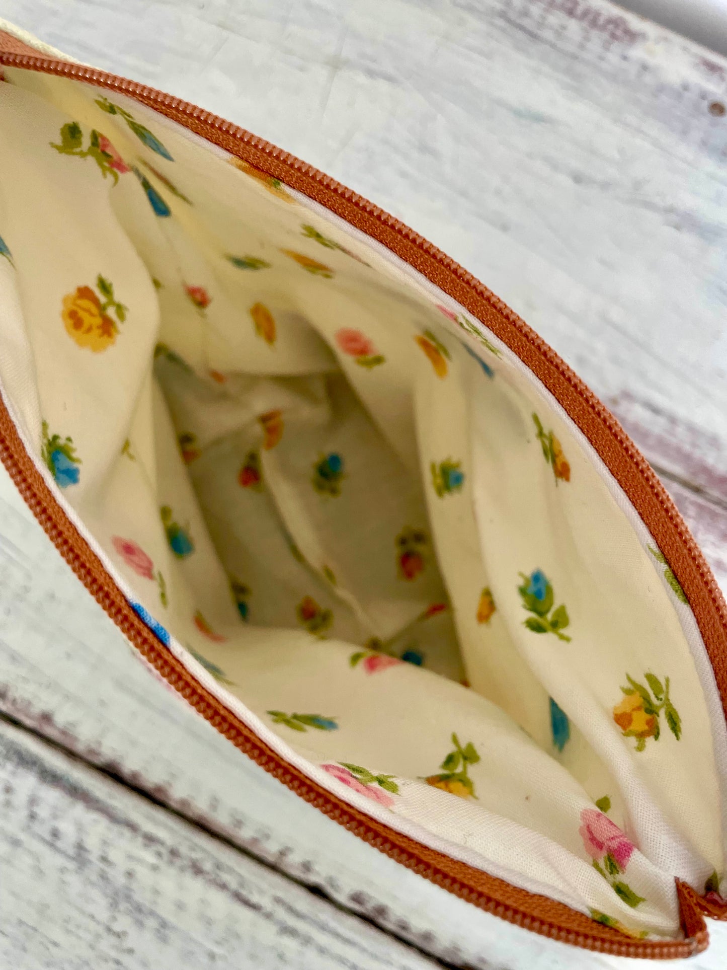 Small Zippered Project Bag - Brown with Embroidery Brown Zipper