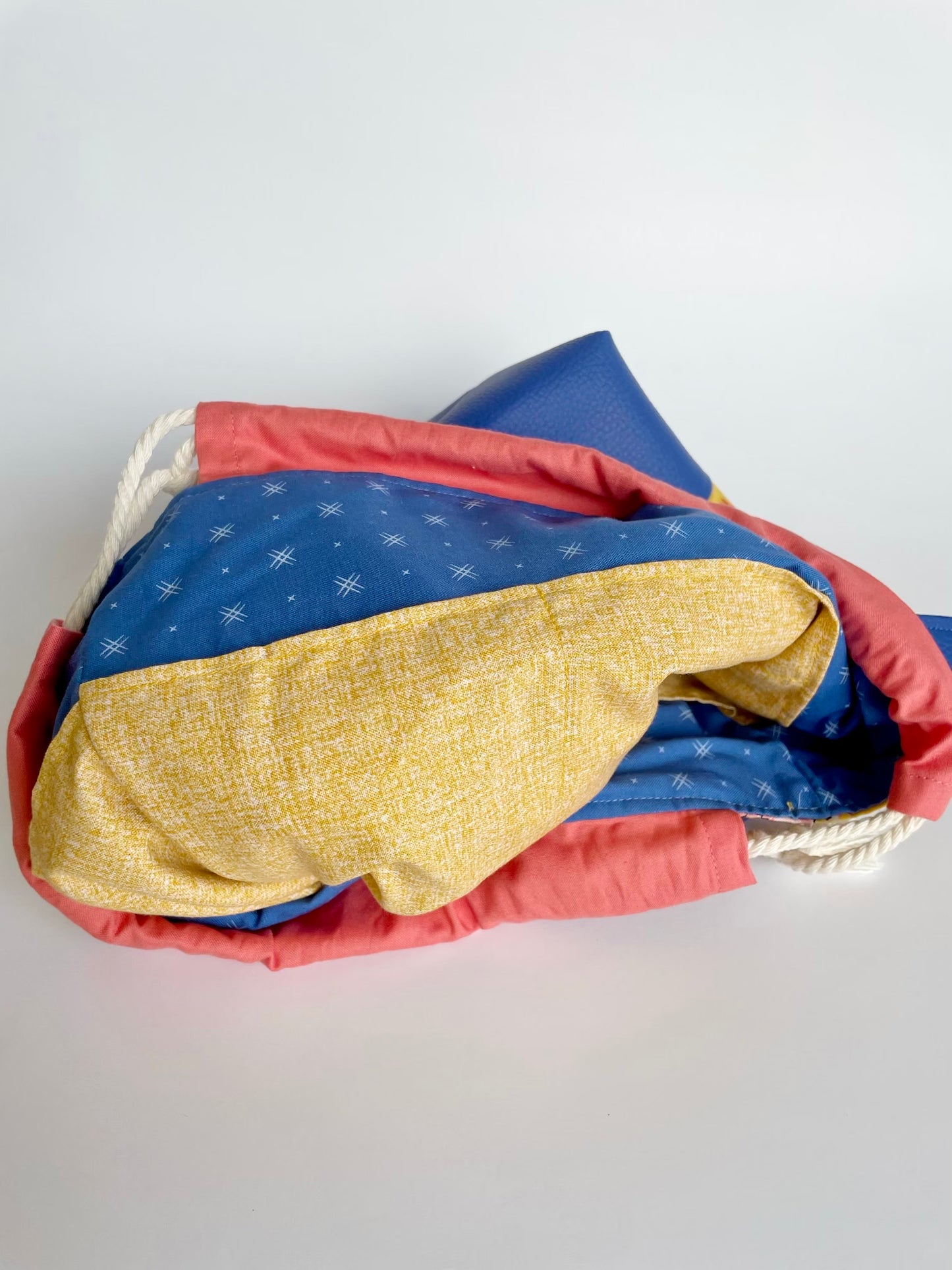 Large Drawstring Project Bag - Periwinkle Blue with Yellow and Floral Pattern