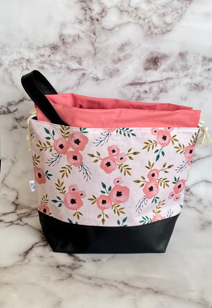 Large Drawstring Project Bag - Black and Coral Floral