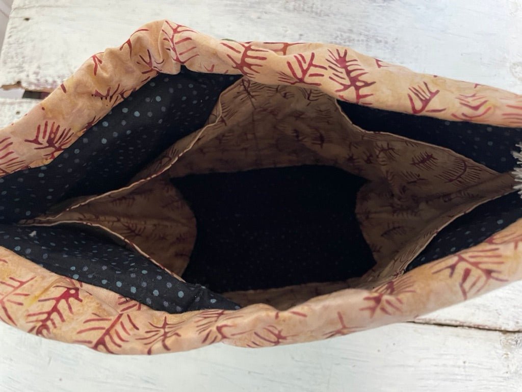 Large Drawstring Project Bag - Black and Square Patchwork