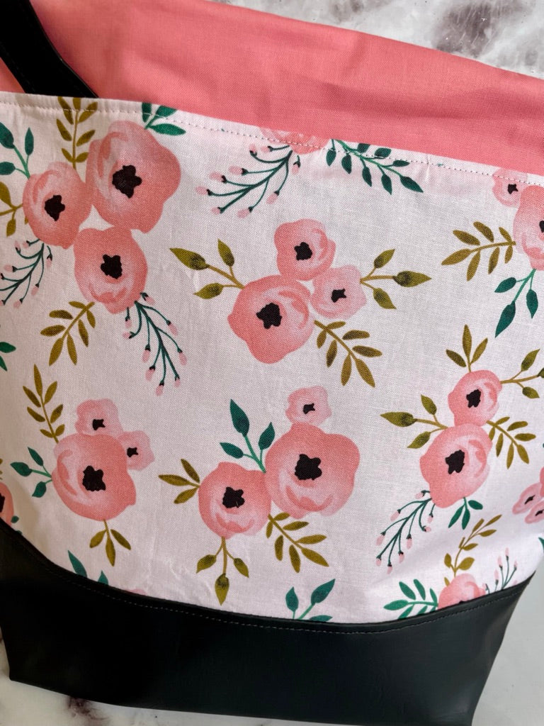 Large Drawstring Project Bag - Black and Coral Floral