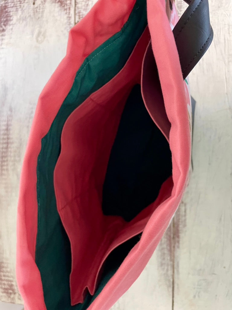 Large Drawstring Project Bag - Black and Coral Floral