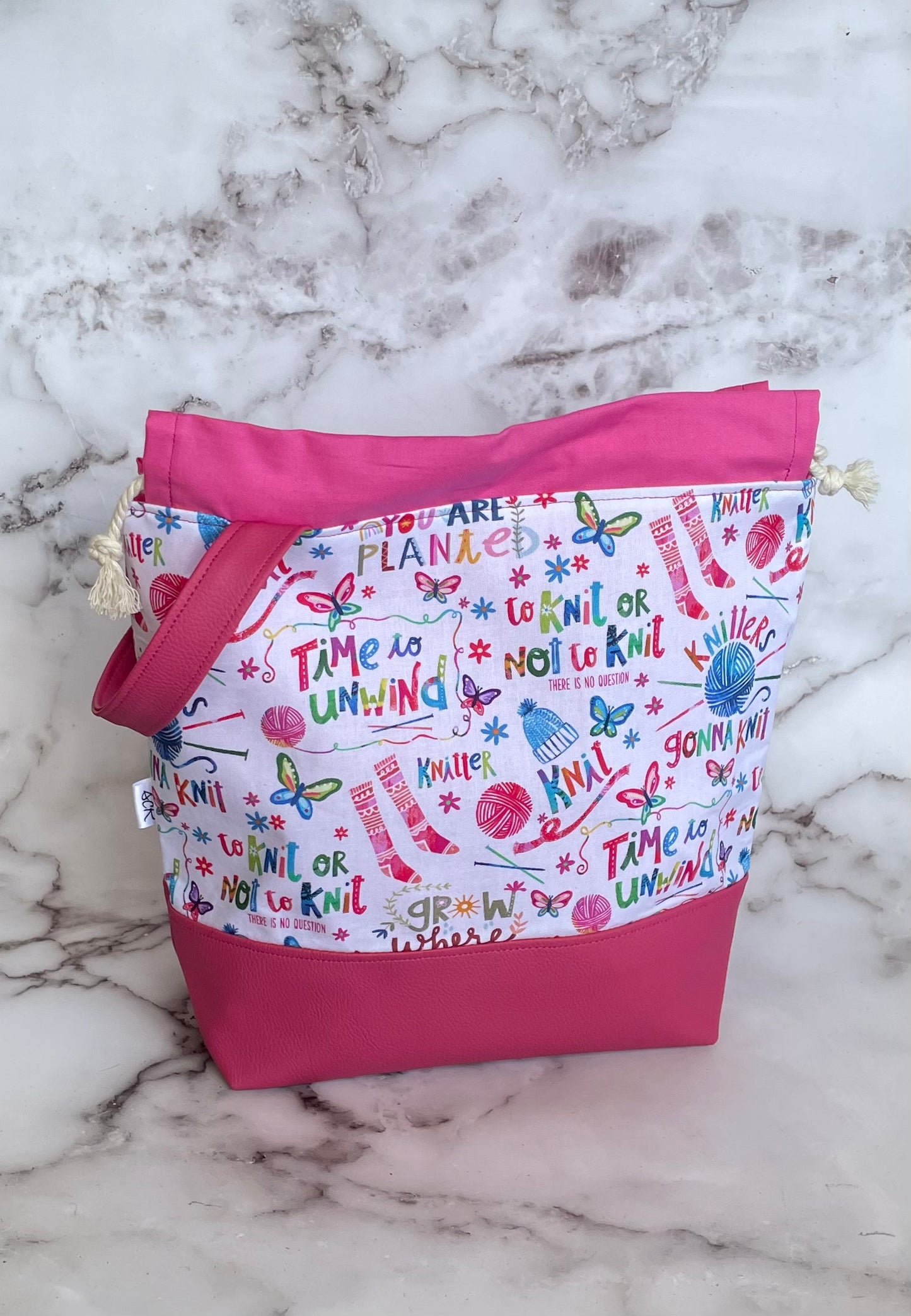 Large Drawstring Project Bag - Pink Happy Knitter