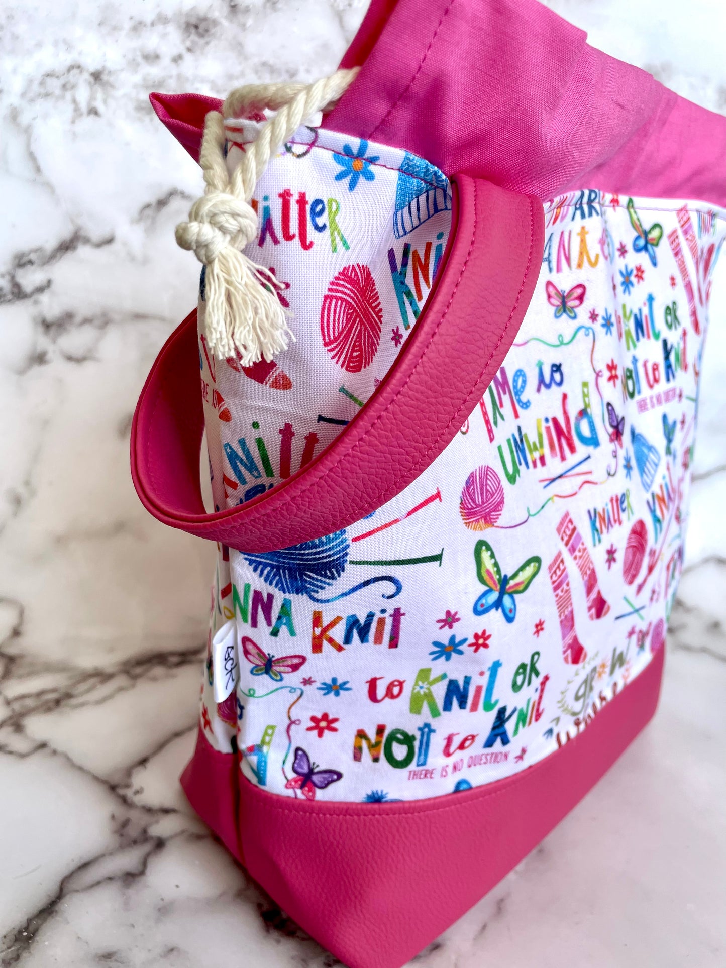 Large Drawstring Project Bag - Pink Happy Knitter