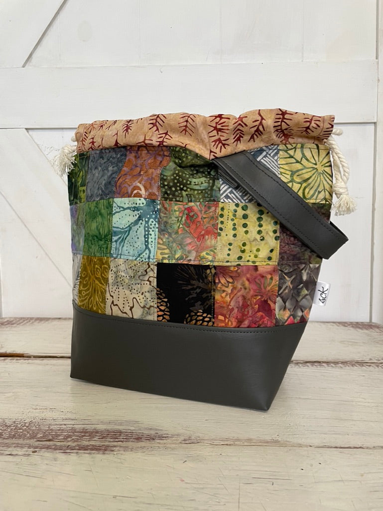 Large Drawstring Project Bag - Black and Square Patchwork