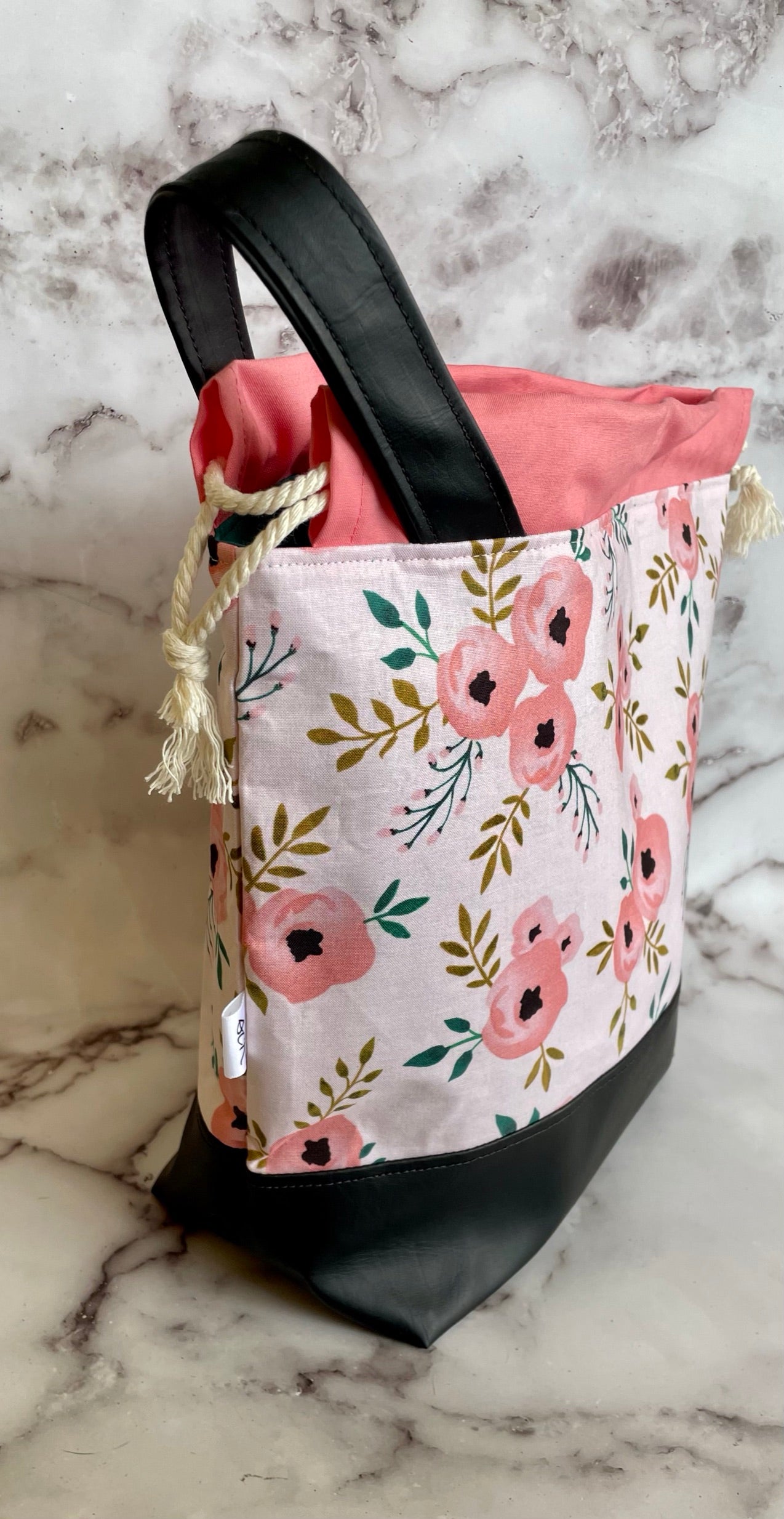 Large Drawstring Project Bag - Black and Coral Floral