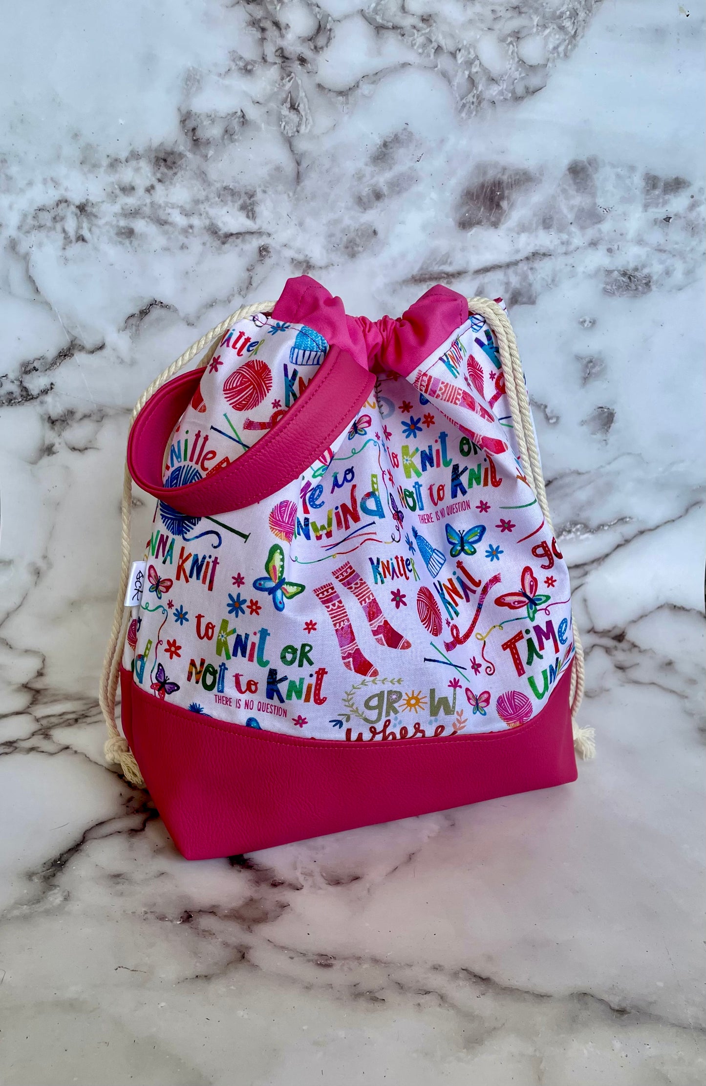 Large Drawstring Project Bag - Pink Happy Knitter