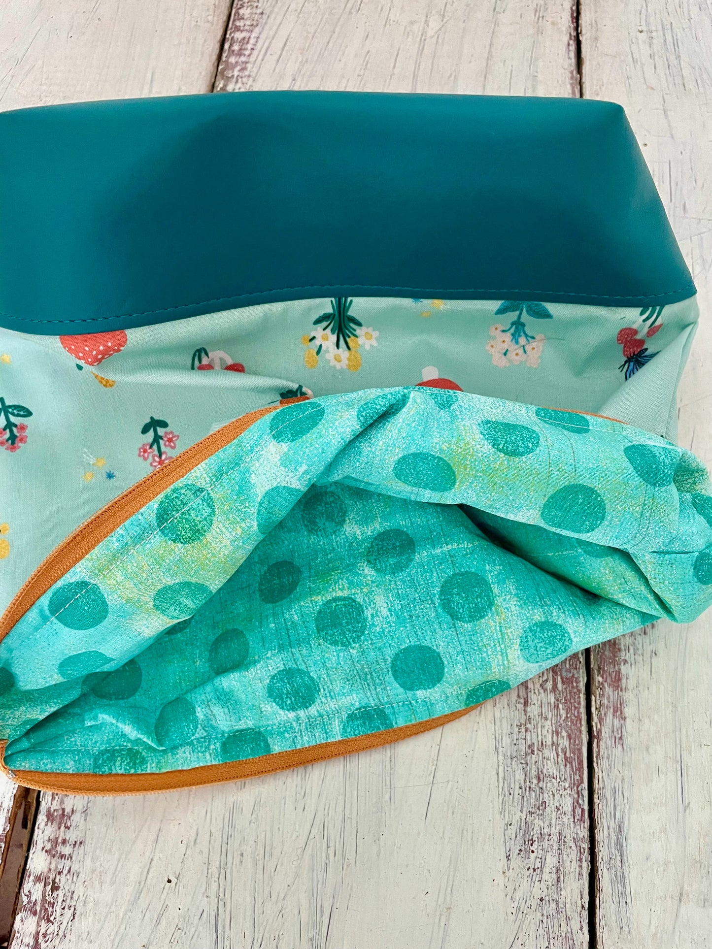 Large Zippered Project Bag - Flowers and Mushrooms Orange Zip