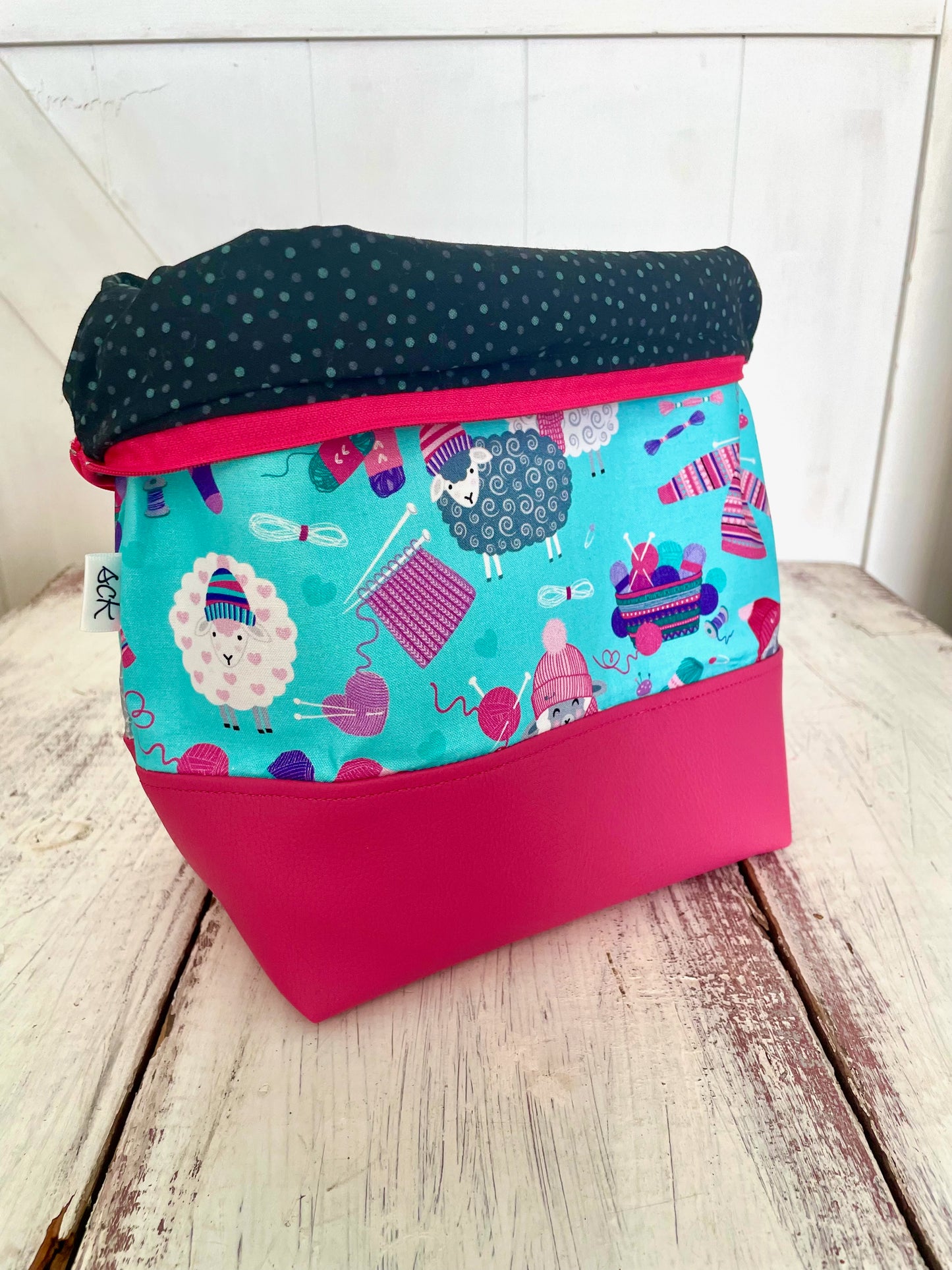 Large Zippered Project Bag - Knitting Sheep Pink Zip