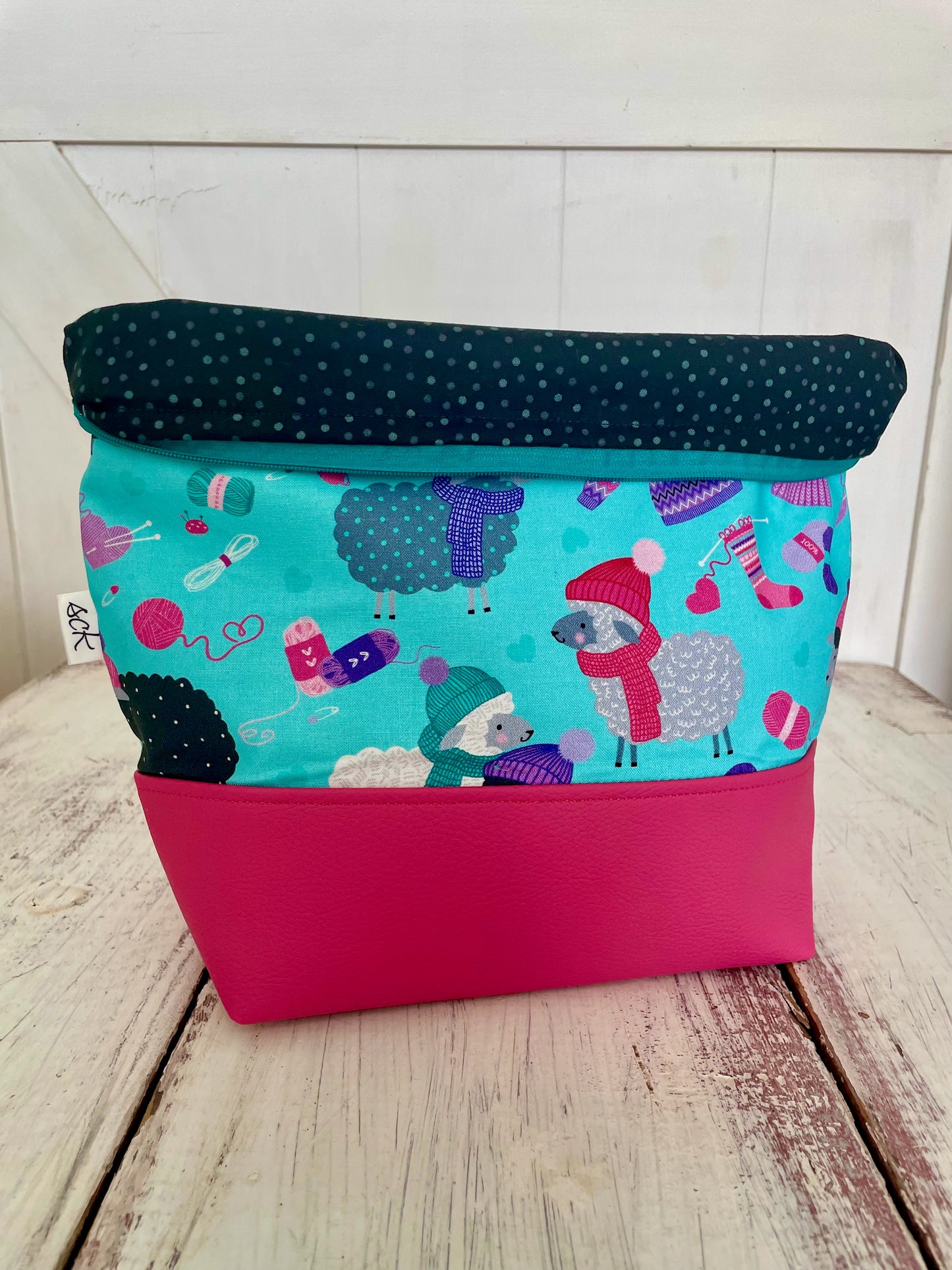 Large Zippered Project Bag - Knitting Sheep Teal Zip