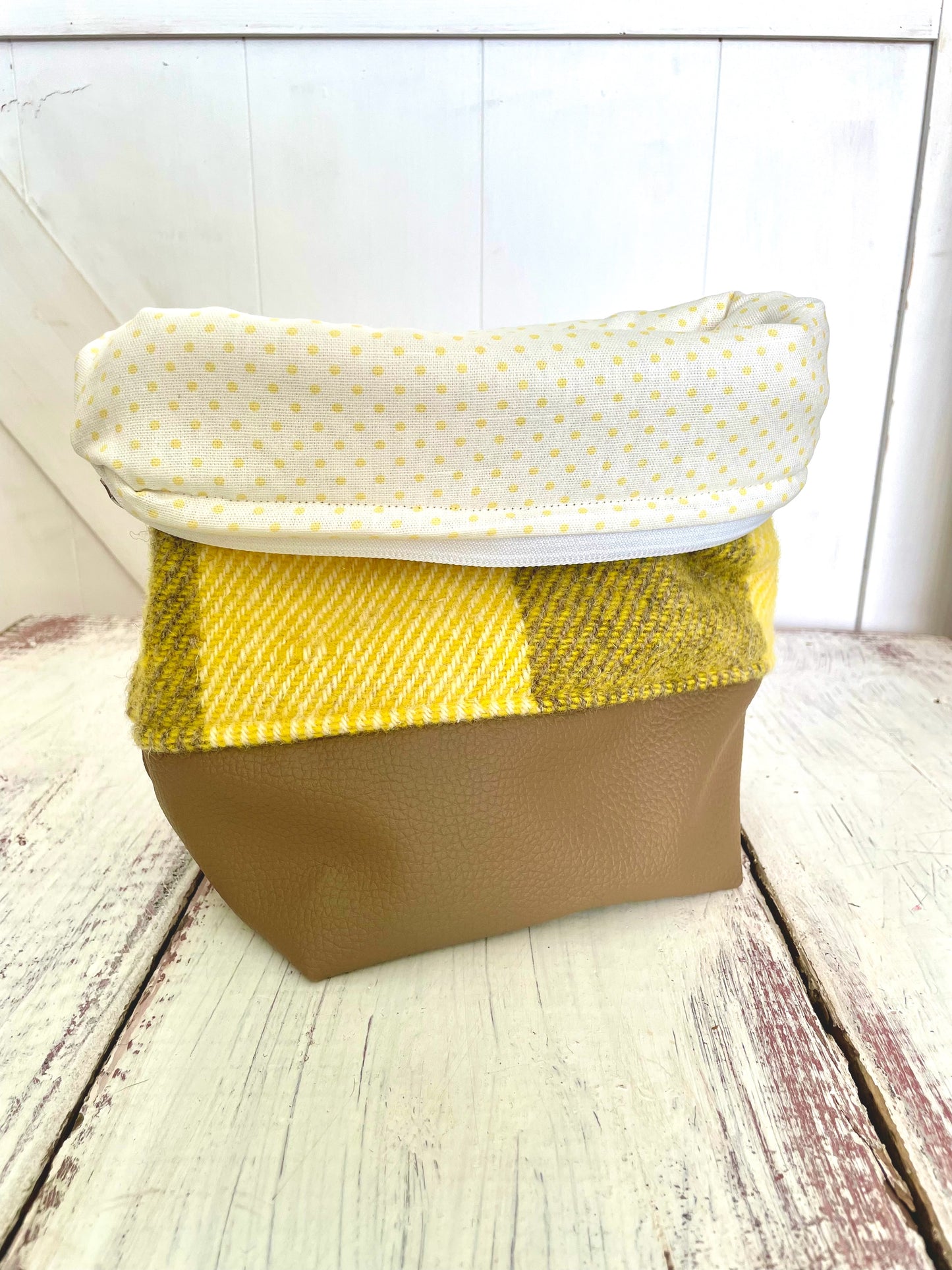Medium Zippered Project Bag - Up-cycled Wool Blanket Beige and Yellow