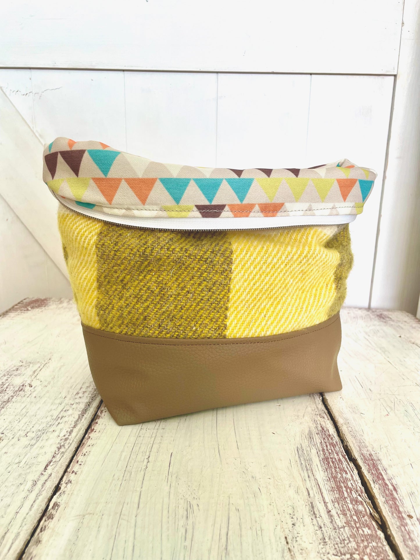 Large Zippered Project Bag - Up-cycled Wool Blanket Beige and Yellow