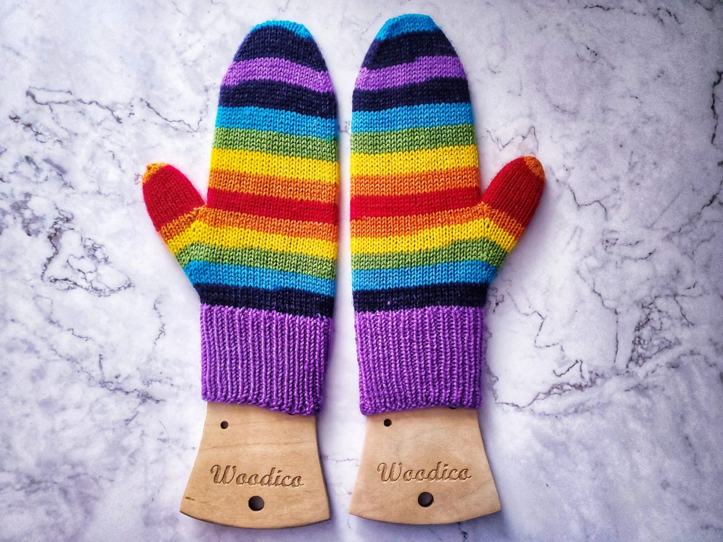 Self-striping yarn knitting project mittens