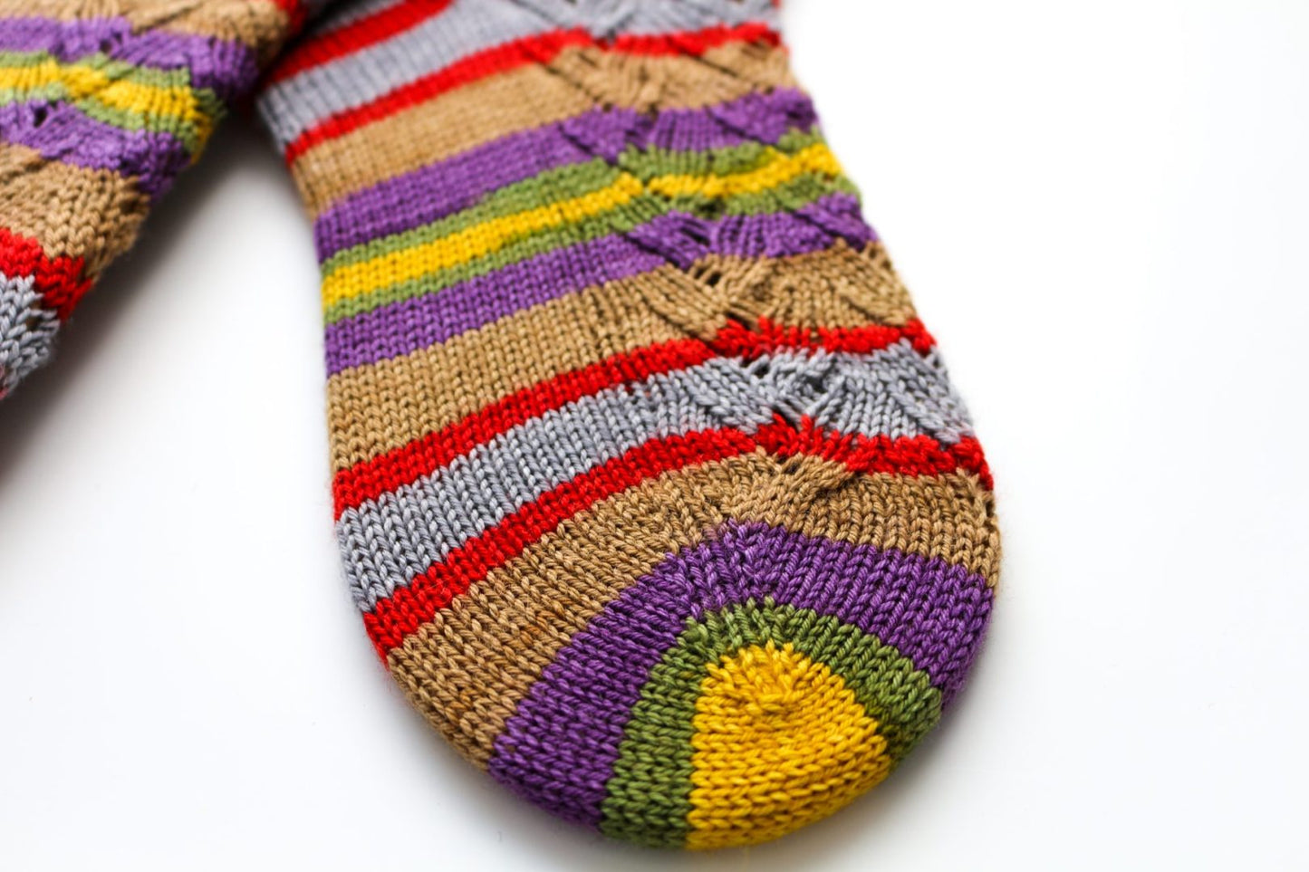 Self-striping sock yarn finished knit