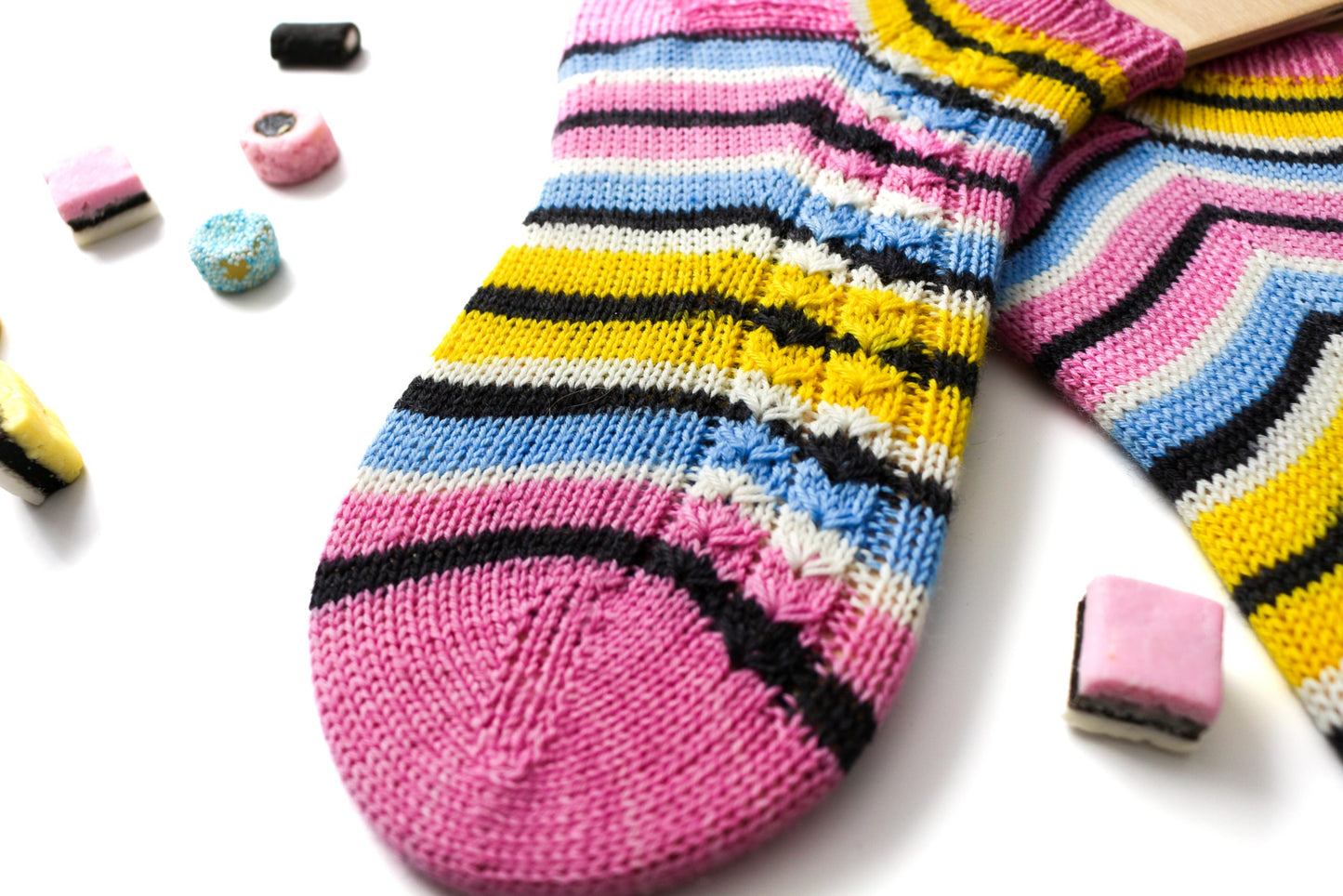 Self-striping sock yarn finished knit
