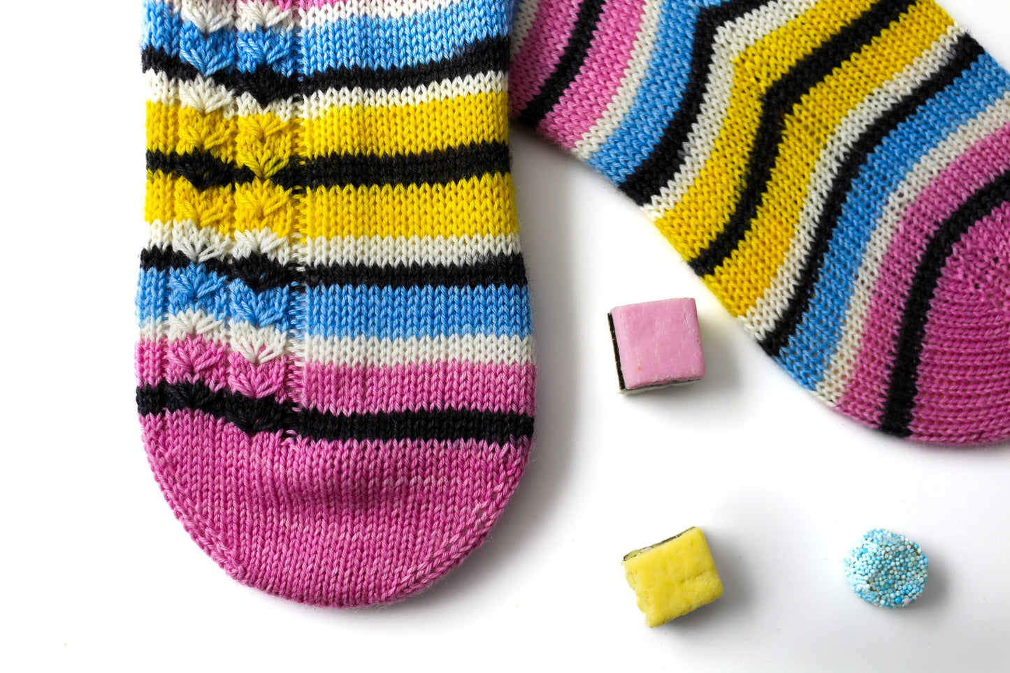 Self-striping sock yarn finished knit