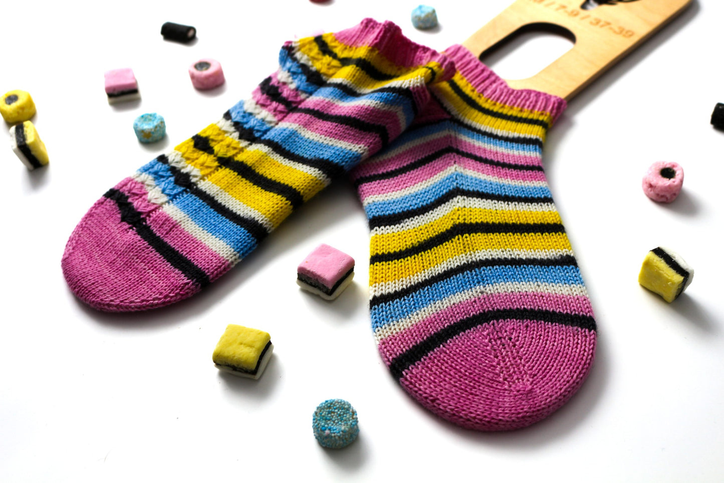 Self-striping sock yarn finished knit