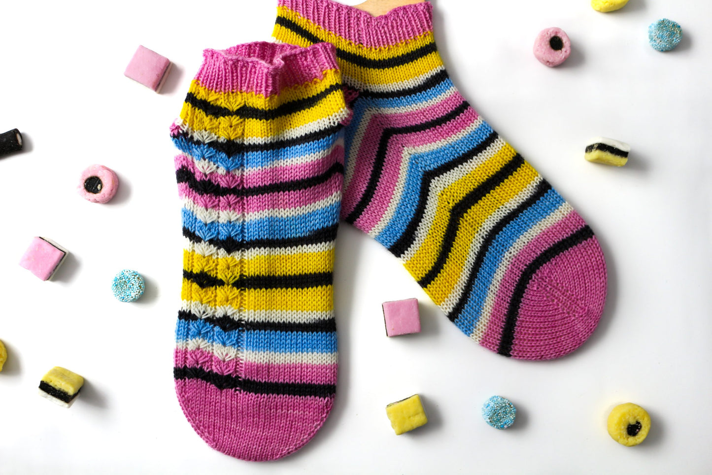 Self-striping sock yarn finished knit
