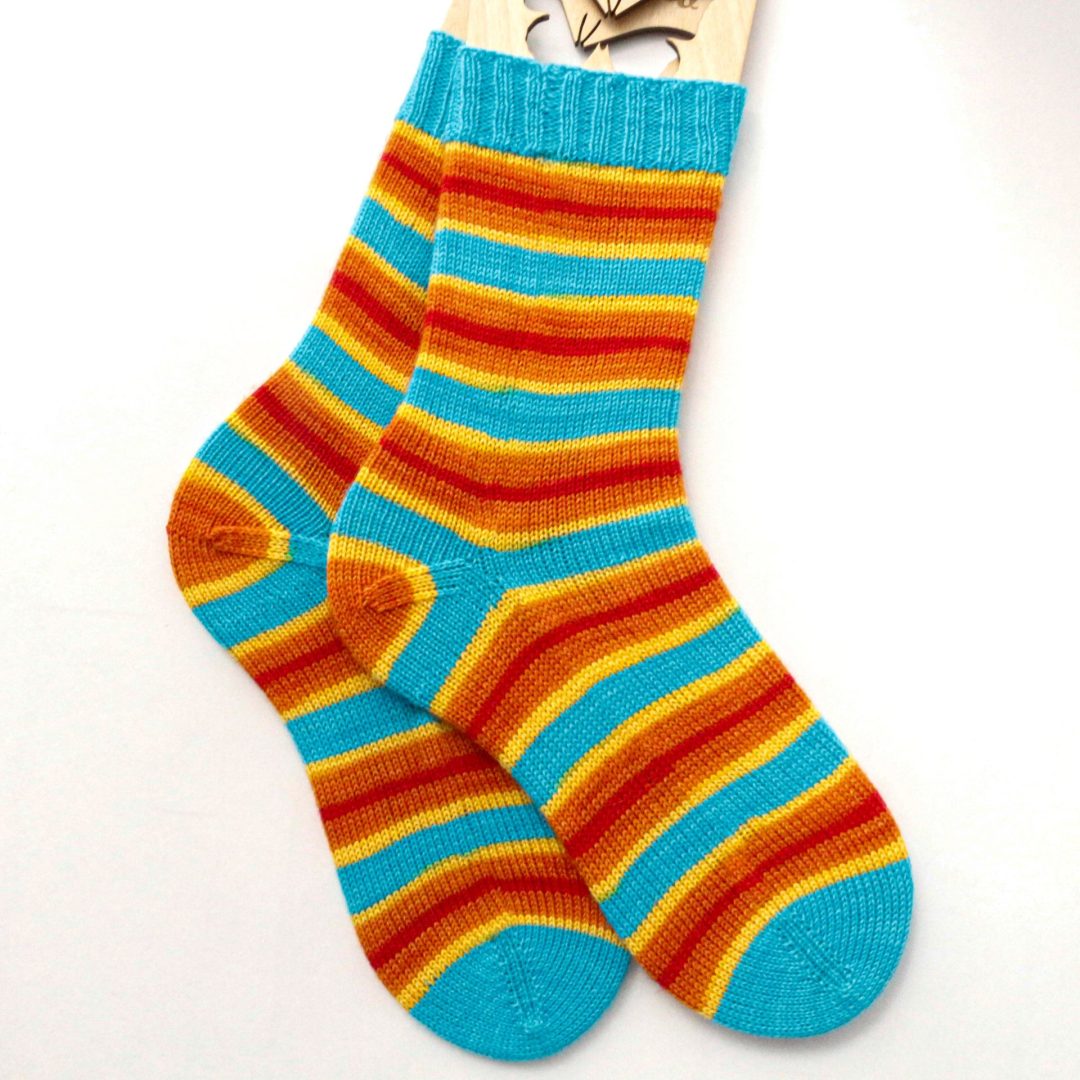 Self-striping sock yarn finished knit