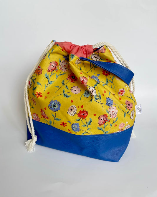 Large Drawstring Project Bag - Periwinkle Blue with Yellow and Floral Pattern