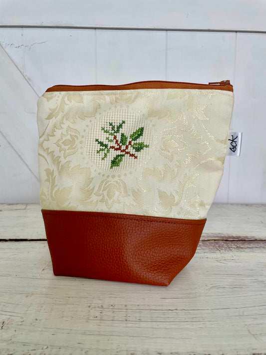 Small Zippered Project Bag - Brown with Embroidery Brown Zipper