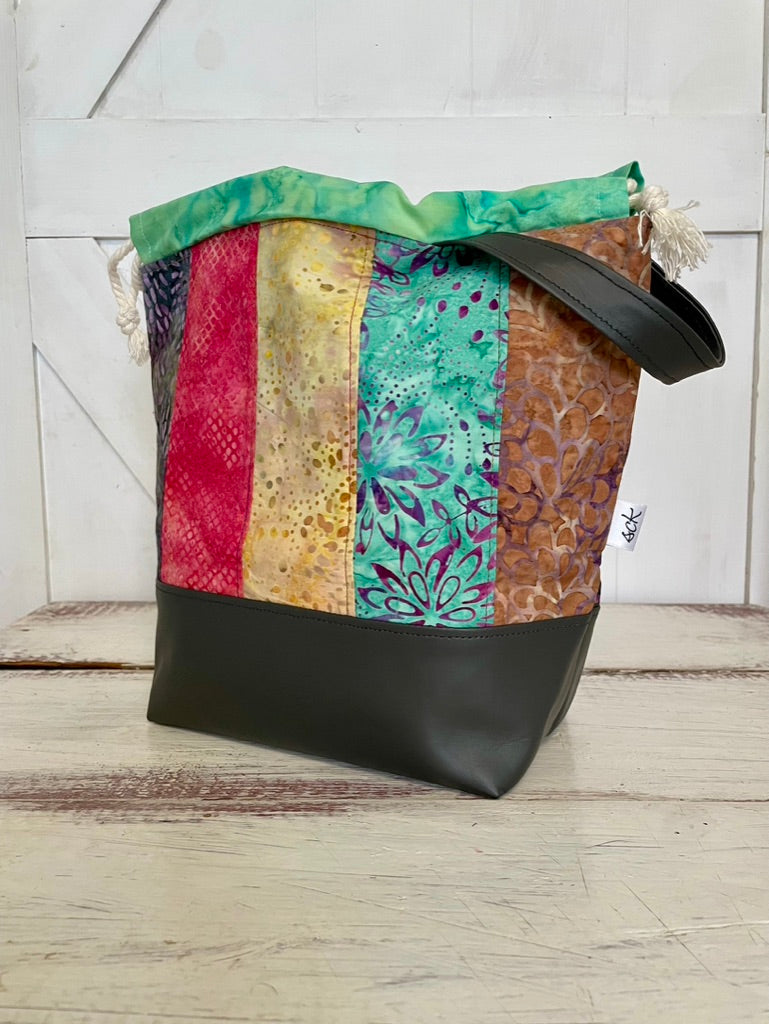 Large Drawstring Project Bag - Black and Vertical Patchwork