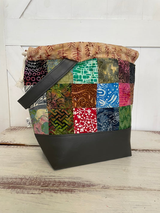 Large Drawstring Project Bag - Black and Square Patchwork