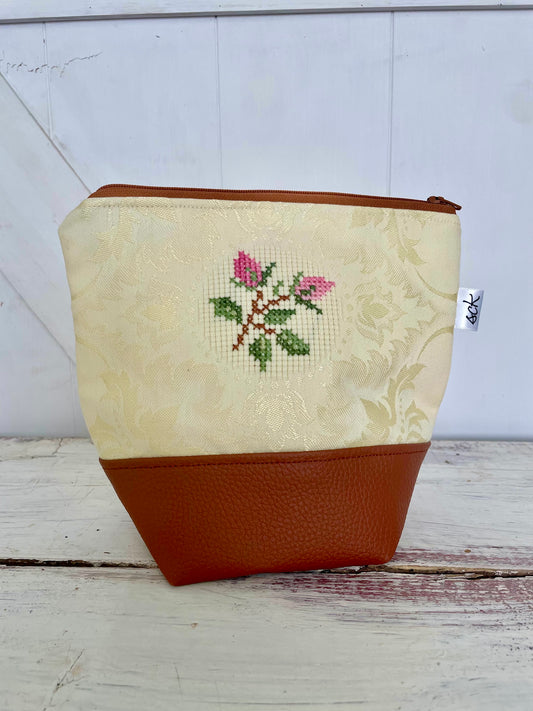 Small Zippered Project Bag - Brown with Pink Embroidery Brown Zipper