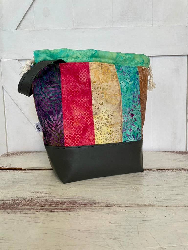 Large Drawstring Project Bag - Black and Vertical Patchwork