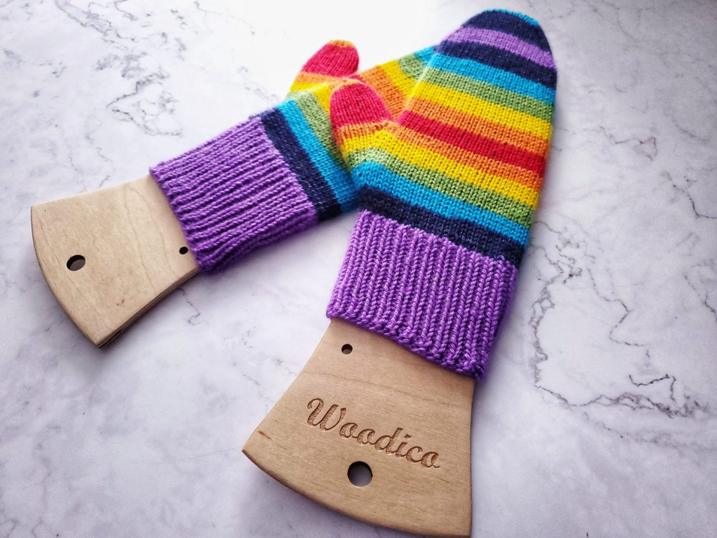 Self-striping yarn knitting project mittens