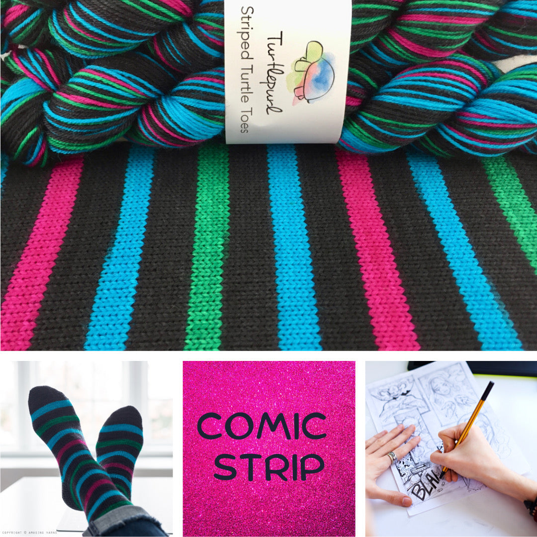 Comic strip self-striping sock yarn