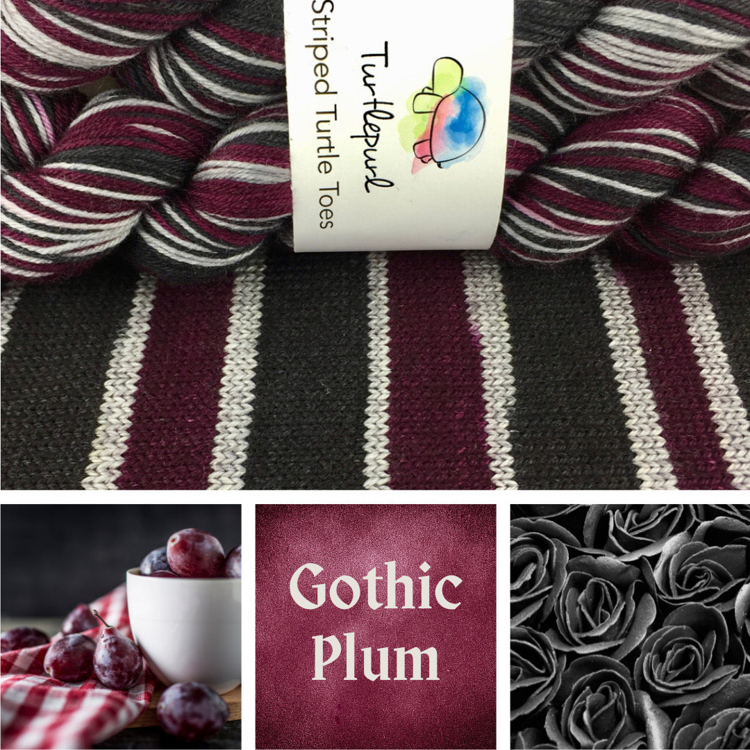 Gothic plum self-striping sock yarn