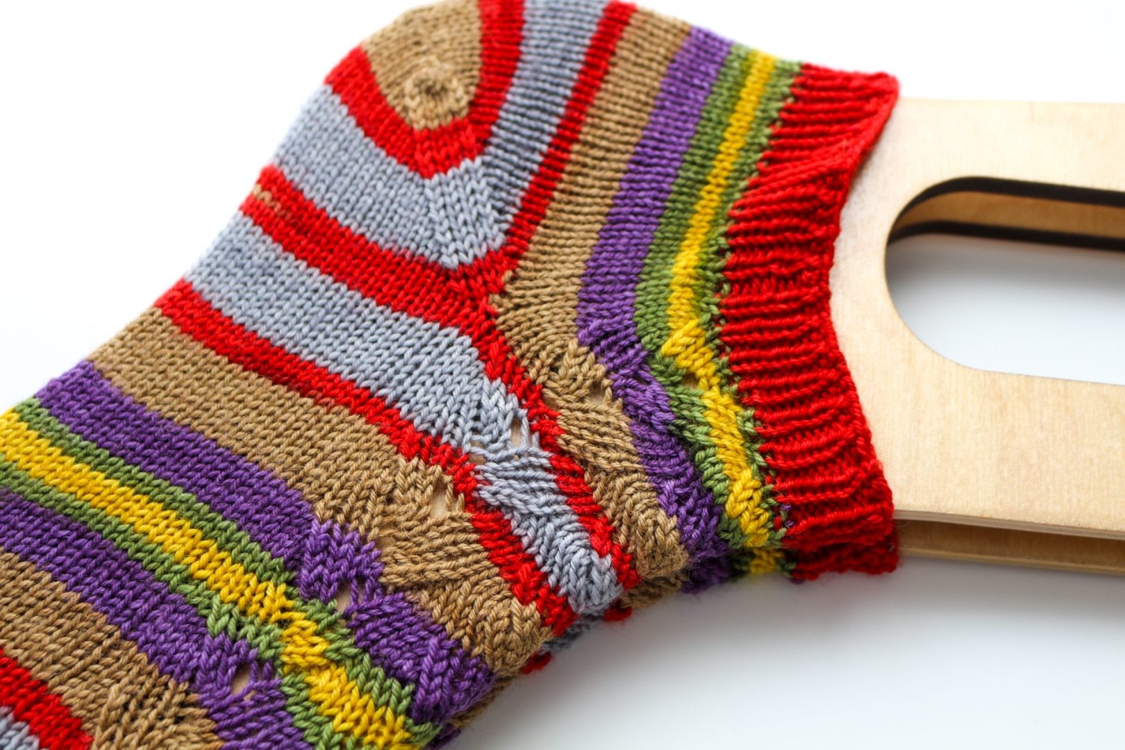 Self-striping sock yarn finished knit