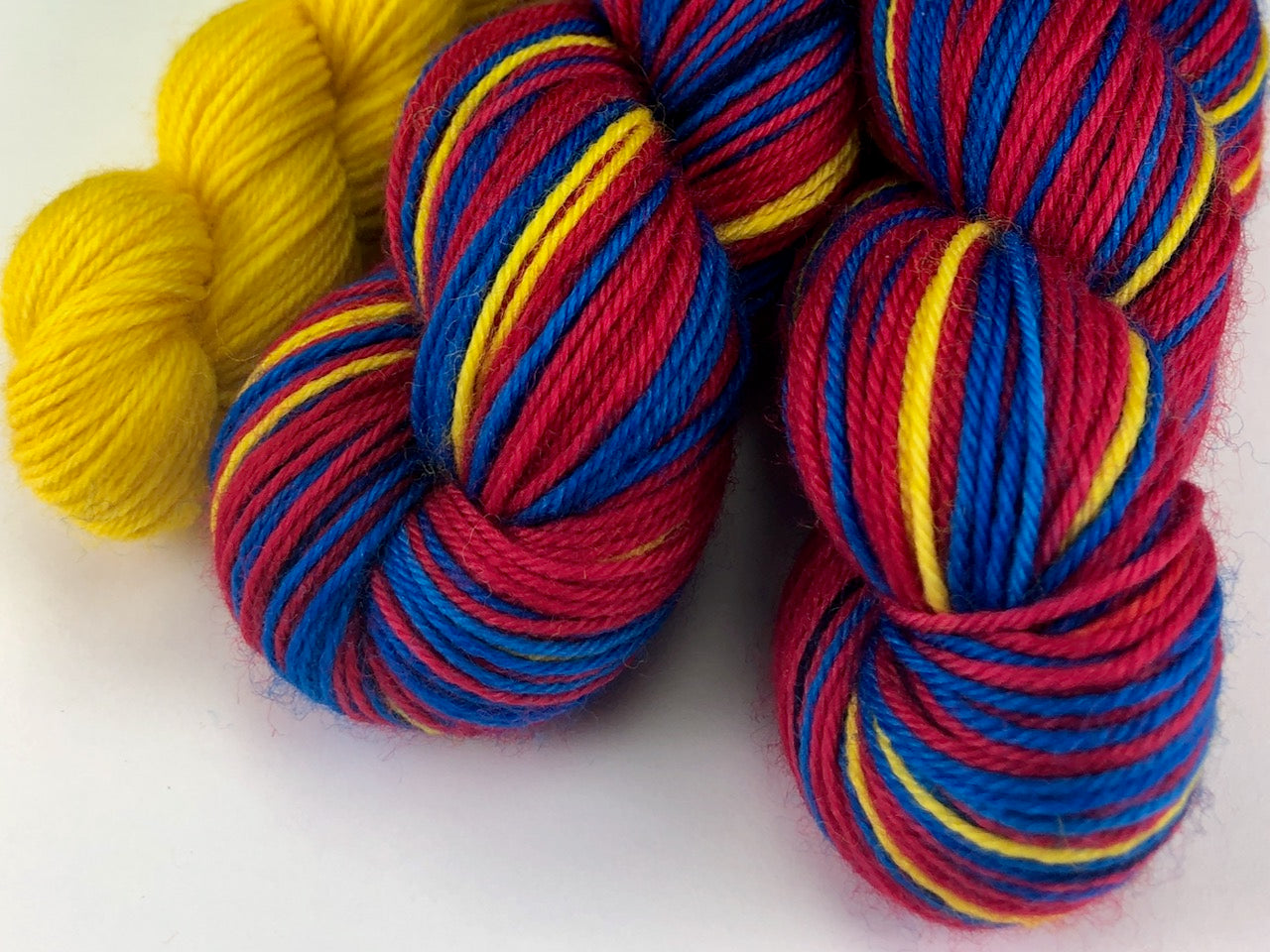 Superman self-striping sock yarn